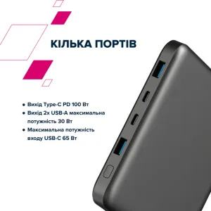 Зовнішній акумулятор CANYON PB-2008 LED FLAT 20000 mAh PD100W QC3.0 Dark Grey (CNE-CPB2008DG)