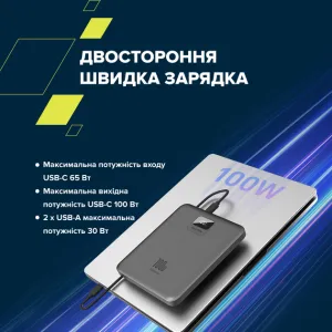 Зовнішній акумулятор CANYON PB-2008 LED FLAT 20000 mAh PD100W QC3.0 Dark Grey (CNE-CPB2008DG)