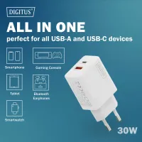 Зарядний пристрій DIGITUS GaN 1хUSB-C, 1хUSB-A, 30W (DA-10301)
