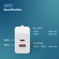 Зарядний пристрій DIGITUS GaN 1хUSB-C, 1хUSB-A, 30W (DA-10301)