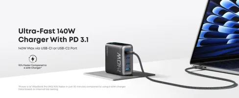 Зарядний пристрій мережевий ANKER Laptop GaN Charger 140W, 3xUSB-C PD3.1 & 1xUSB-A w Display and Cable (Black)