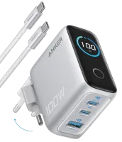 Зарядний пристрій мережевий ANKER GaN Charger 100W, 2xUSB-C PD & 1xUSB-A w Display and Cable (Silver)