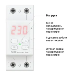 Реле напруги ZUBR D2-32 red з максимумом функцій (32 А, 7 300 ВА) (4820120222665)