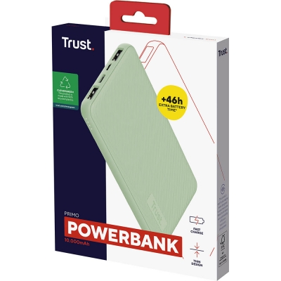 Акумулятор портативний літій-іонний power bank Trust Primo ECO, 10000мА·год, 2хUSB-A/USB-C, 15W, зелений